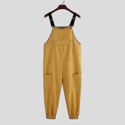 Mænd Bib Pants Solid Color Joggers Lommer Streetwear Seler Buksedragt Sort XXXL