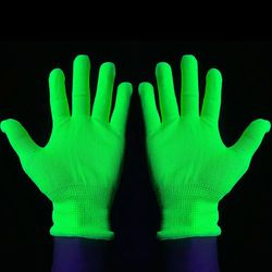 Hehkuvat käsineet tummanmustassa valossa neonjuhlien fluoresoivaan koristeluun Käsirekvisiitta tarvitsee UV-korkeaa laatua Tarvitsetko UV-valoja 5p...