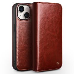 QIALINO klassinen nahkainen puhelinkotelo iPhone 15:lle Ruskea