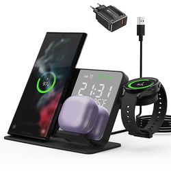 Maxpower 4 i 1 trådløs oplader til Samsung Galaxy S23 S22 Ultra hurtigopladningsdockstation til Galaxy Watch 6/5 knopper Led vækkeur med os stik Me...