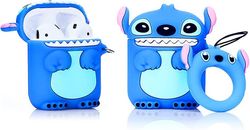 Cannwin Morsom og morsom silikon Airpods-veske kompatibel med Apple Airpods 1 og 2 [Cartoon Series] (Stitch Blue)