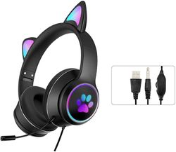 praktisk spillhodesett sammenleggbare kattørehodetelefoner med RGB LED-lys stereolydhodetelefoner med mikrofon USB 3.5 mm kablet over øret Gaming h...