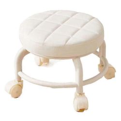 PU-nahkainen pyöreä jakkara pyörillä, vedenpitävä, pyörillä varustettu hihnapyörätuoli, käytännöllinen matala istuin, kuntoilu valkoinen