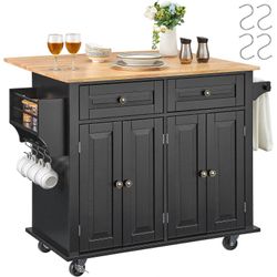 Succebuy Kitchen Island -kärry, 43" puiset siirrettävät kärryt säilytyskaapilla, maustetelineellä, pyyhetangolla, säädettävällä hyllyllä, laatikoll...