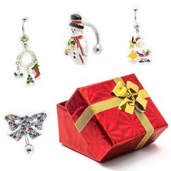 BodyJewelryOnine 4 Belly ring pack + ferie gaveæske - santa, jul krans, snemand, bue