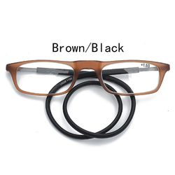 Magnetiske hængende hals læsebriller Unisex TR90 læsebriller (Brun ramme sorte ben, +150)