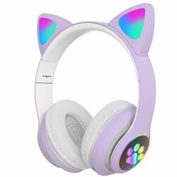 hodetelefoner katt øre trådløse hodetelefoner, led lys opp Bluetooth hodetelefoner Lilla