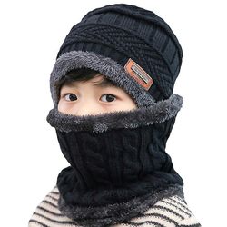Liltop 2pcs Kids Boy Girl Vinter Varm Foret strikket Hue + Tørklæde Sæt Sort