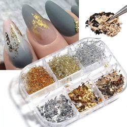 Linkrunning Nail Art Foil Flakes 6Grids Nail Art Supplies Aluminiumsfolie Flake Metallic Guld Sølv Nail Paillette Holografisk Nail Foil Glitters 3D...