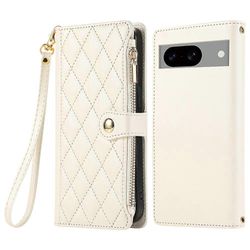 Yhteensopiva Google Pixel 8a -kotelon kanssa Useat korttipaikat Vetoketjullinen rombinahkainen puhelimen kansi rannehihnalla Beige