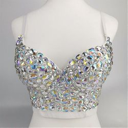 Kvinder Ab Farvet Rhinestone Bustier Crop Top Spaghetti Strap Skub Op Korset Vest