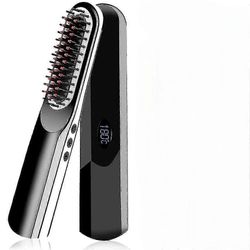 Langattomat miehet Quick Beard Straightener Hair Style Comb LCD Monitoiminen langaton USB-lataus suoristusharja Musta EU