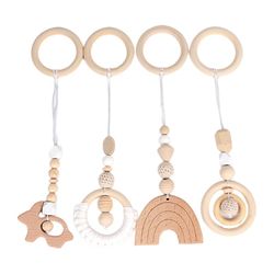 4 stk / sæt Baby Begyndervanskeligheder Sygepleje Rattle Toys Gaver Play Gym Frame Klapvogn hængende vedhæng Træ Ring Teether Kindter Hvid