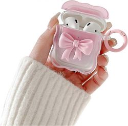 LINCMAN Yhteensopiva AirPods-kotelon kanssa Pehmeä kirkas TPU söpöllä 3D-värisellä rusettisuunnittelulla Iskunkestävä avaimenperän suojus tytöille ...