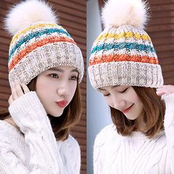 Varychmoo Herre Kvinders Patchwork Strikket kabel uld Pom Bobble Hue Hatte Varmere Ski Caps Vinter Beige