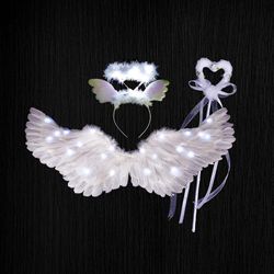 Shun Angel Wings, 3pcs / sett Lys opp Angel Wings og Halos Med Led Lights, Barn Costume til julaften, party Hvit 65x35cm