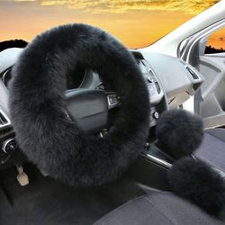Linkrunning 3pcs Sæt Kvinders Winter Fashion Uld Fur Soft Furry Rat Covers Sort Fluffy håndbremse Cover Gear Shift Cover Fuzz Varm Skridsikker Bil ...