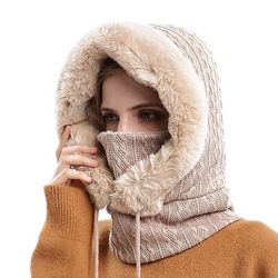 Yunshu Kvinders vindtæt fleece foret termisk hætte vinter ansigt cover hat beige