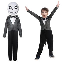 Jack Skellington Kids Cosplay Jumpsuit Halloween Masquerade Carnival Boys Girls Party Fancy Dress Up Performance Costume 5-7 Years