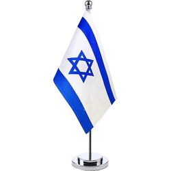 Israelin pöytälippu metallijalustalla, pieni miniatyyrilippu toimistoon, kotiin ja opiskeluun