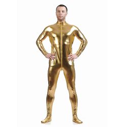 Kissqiqi Herre Latex Bodysuit, Herre Full Body Trikot lange ærmer Faux Læder Bodysuit Guld L