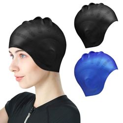 Swim Caps Ear Protection 3d, svømming Cap For Women Menn, 2 stk silikon Swim Cap Vanntett