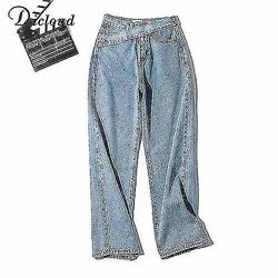 Womenins Fake Belt Jeans Knapper Lige Bukser High Street Denim Loose Blå XS