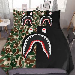 BAPE Shark -sängyn pussilakana mikrokuituliinavaatteet 3D-tulostetut kevyet 3-osaiset peittosetit, 1 pussilakana ja 2 tyynytyynyä lapsille Pojat Ty...