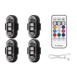 4PCS langattomat LED-strobovalot kaukosäätimellä, 8 väriä USB Charing vedenpitävät hätävaroitusvalot Musta