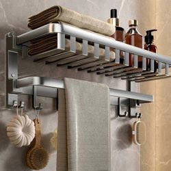 40 cm alumiiniseoksesta valmistettu pyyheteline, kokoontaitettava, poraamaton, seinälle kiinnitettävä kylpyhuoneen hylly koukkuilla