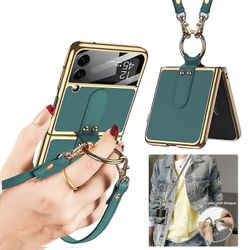 Tinor Kotelo yhteensopiva Samsung Galaxy Z Flip 3 5g rengashihnalla, kova nahkasuoja Vihreä