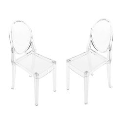 2 läpinäkyvää vuosisadan puolivälin ruokapöydän tuolia, kristallimuovimalli nukkekoteihin
