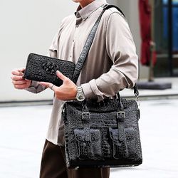 Ny luksus menns håndvesker Krokodille ekte skinn Mann skulderveske Ekte naturskinn Crossbody Messenger Koffert Vesker Svart med lommebok