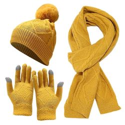 3pcs / sæt Hat Tørklæde Handsker Vinter Varm Hue Kabel Strikket Lang Tørklæde Handsker Gul