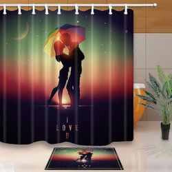 Lover Bath Curtain Vector Couple kysser under färgglada paraplyduschdraperi 160x180 cm med golvdörrmatta badmattor 40x60 Cm