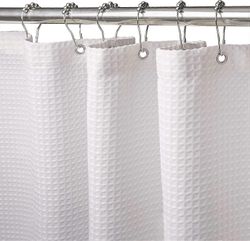 Kensty Kylpyhuoneen vohvelikangassuihkuverho metallikoukulla kylpysuihkuun, painotettu helma, vedenpitävä - 180 x 180 cm (valkoinen) 180*180cm