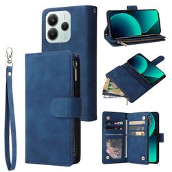 Xiaomi Redmi Note 14 5G -kotelolle vetoketjullinen lompakko useita korttipaikkoja nahkainen puhelimen kansi Monivärinen Blue