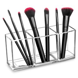 Linkrunning Klar makeupbørsteholder Organizer, 3 slot akryl kosmetikbørster opbevaringsløsning, pen og blyantholder Tydelig. 7.20inL*2.83inW*3.15inH