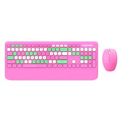 Langaton 2,4 GHz:n näppäimistön ja hiiren yhdistelmä retro pyöreä näppäinhattu söpö näppäimistö Vaaleanpunainen