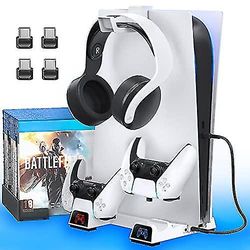 Suren Ps5 stand cooling fan med dobbelt controller ladestation &headsetholder, PS5 lodret stativ til Ps5