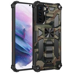 Samsung Galaxy S21 + 5G Camouflage Armor iskunkestävä TPU + PC magneettinen suojakotelo pidikkeellä (mintunvihreä)