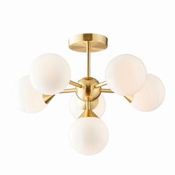 Endon Lighting Oscar - Semi Flush Satin Børstet Guld Effekt Plade & Gloss hvidt glas 6 Lys Dimmable IP20 - G9