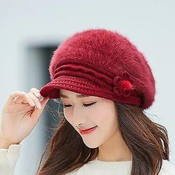 Vinter Høst Beret Lue For kvinner Ull Strikket Lue For mamma Kanin Pels Beret Solid Fashion Lady Cap Fall Lue Kvinne Cap Rødvin 55-59cm