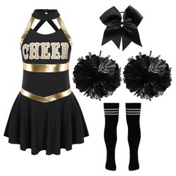 Tytöt Cheer Leader Halloween Esitys Univormu Puku Lukion Hihaton Mekko Cheerleading Asu musta 5-6 Years