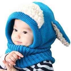 Liltop Baby Varm strikket sød lam hat får hals varmere hætte hue småbørn hovedbeklædning Blå
