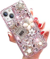 Baiccf iPhone 13 ylellinen Bling Glitter -kotelo, timanttistrassi 3D-hajuvesipullo ja kukka, pehmeä TPU-kansi naisille ja tytöille