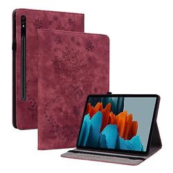 Til Samsung Galaxy Tab S9 Butterfly Rose præget læder tablet taske Rød