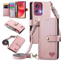 Foxdock Kääntökotelo Motorola Edge 50 Fusion -vetoketjulle iskunkestävä rakkausnahkakotelo lompakko Vaaleanpunainen