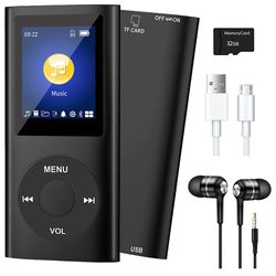 MP3-spelare med Bluetooth 5.0, Musikspelare med 32 GB TF-kort, FM, hörlurar, bärbar HiFi-musikspelare (svart)