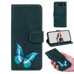 Etui til Google Pixel 6a Butterfly Cover Premium Læder Magnetisk- Pink Grøn